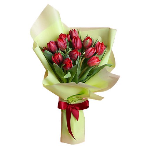 Фото товара 15 красных тюльпанов в зелёной упаковке в Одессе