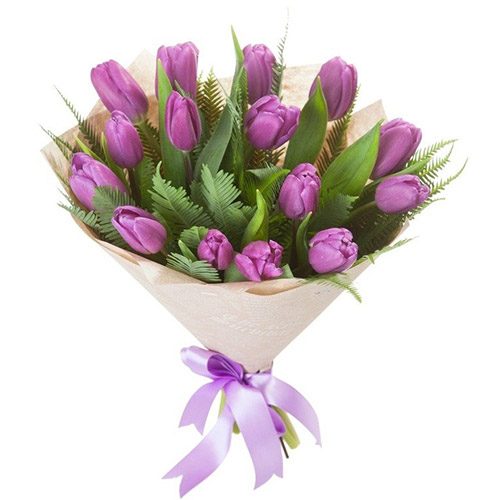 Фото товара 15 фиолетовых тюльпанов с декором в Одессе