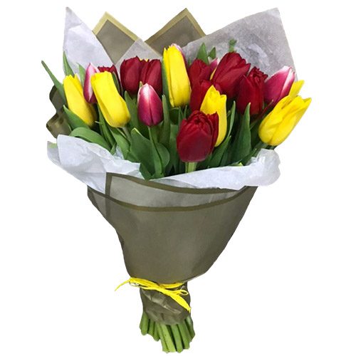Фото товара 21 красно-жёлтый тюльпан в двойной упаковке в Одессе