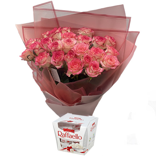Фото товара 25 рожевих троянд із цукерками в Одессе